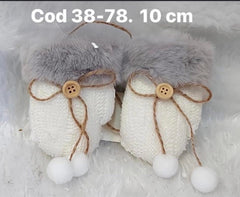 Set ornament Crăciun mănuși albe tricotate cu blăniță gri – 10cm