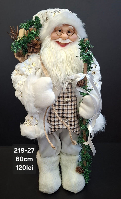 Moș Crăciun decorativ, costum alb cu detalii aurii, sac și toiag cu brăduț - 60cm
