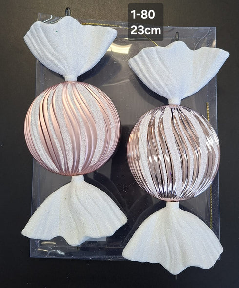 Set 2 Decorațiuni Crăciun Bomboană Roz Pudrat cu Alb - 23cm