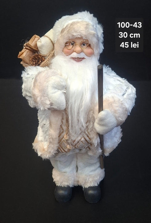 Moș Crăciun decorativ, costum alb-crem, sac și toiag - 30cm