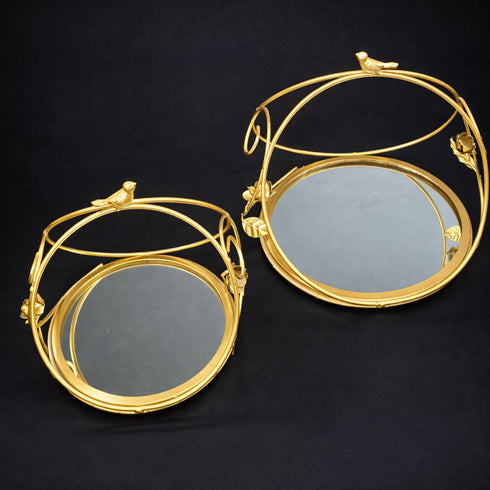 Set 2 tăvi decorative rotunde aurii cu oglindă și detalii cu păsări Ø - 25/20cm