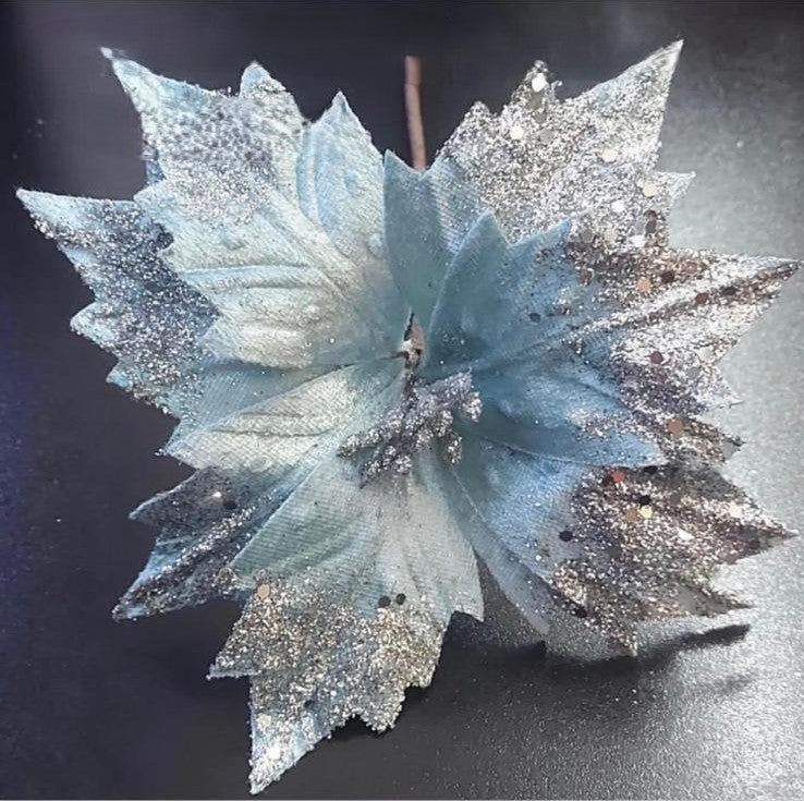 Flori Crăciun bleu-ice cu sclipici argintiu - 10/set