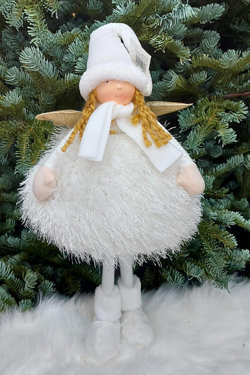 Figurină Îngeraș Decorativ Alb cu Aripi Aurii și Rochie Pufoasă – 40cm