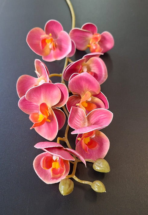 Orhidee artificială mini Phalaenopsis 80cm roz-coral cu accente portocalii
