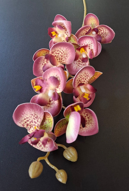 Orhidee artificială mini Phalaenopsis 80cm mov-roz cu inserții galbene