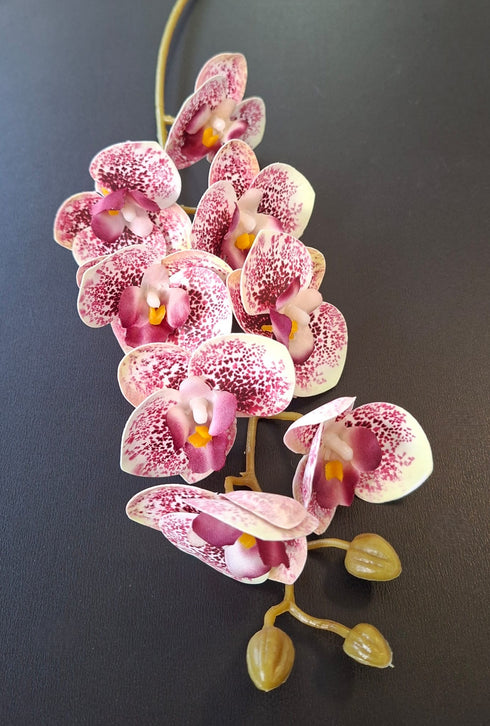 Orhidee artificială mini Phalaenopsis 80cm alb-roz cu pete bordo