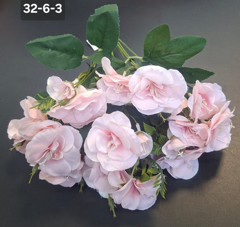 Buchet Artificial Tip Camelii Roz Pal cu Frunze Verzi - 25cm