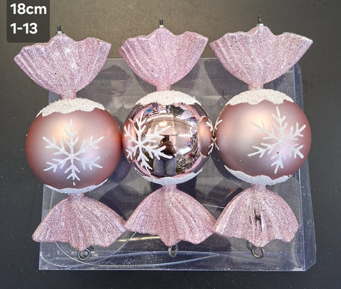 Set 3 Decorațiuni Crăciun Bomboană Roz Pudrat cu Fulgi de Nea - 18cm