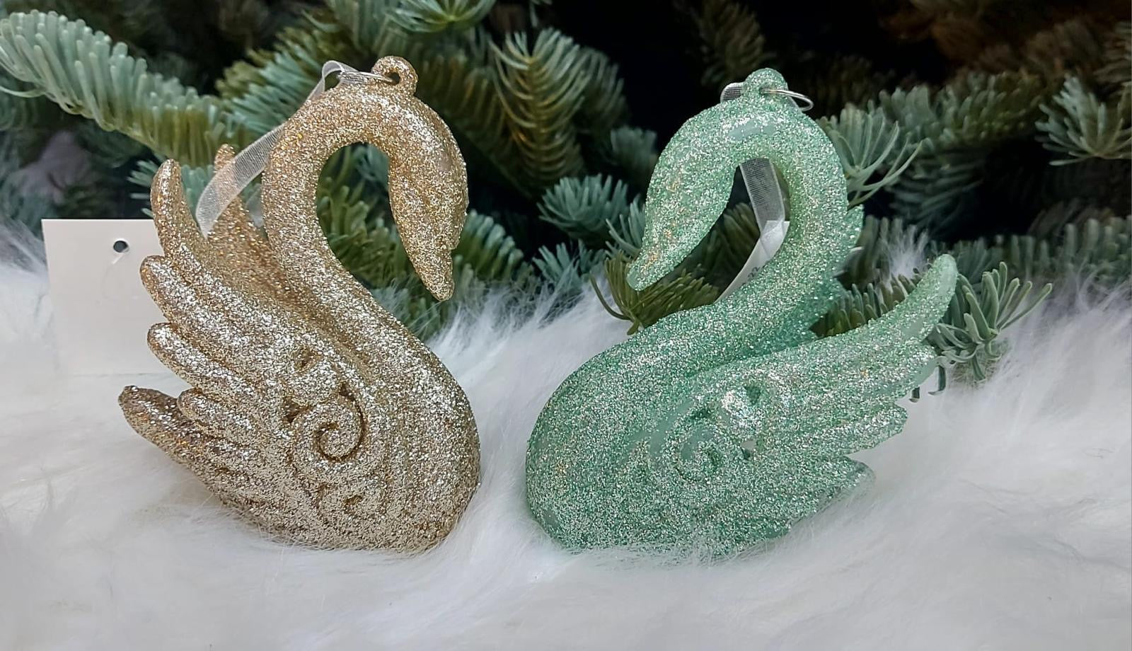 Set 12 ornamente de Crăciun în formă de lebădă, cu sclipici – Șampanie sau Verde Mentă - 8cm