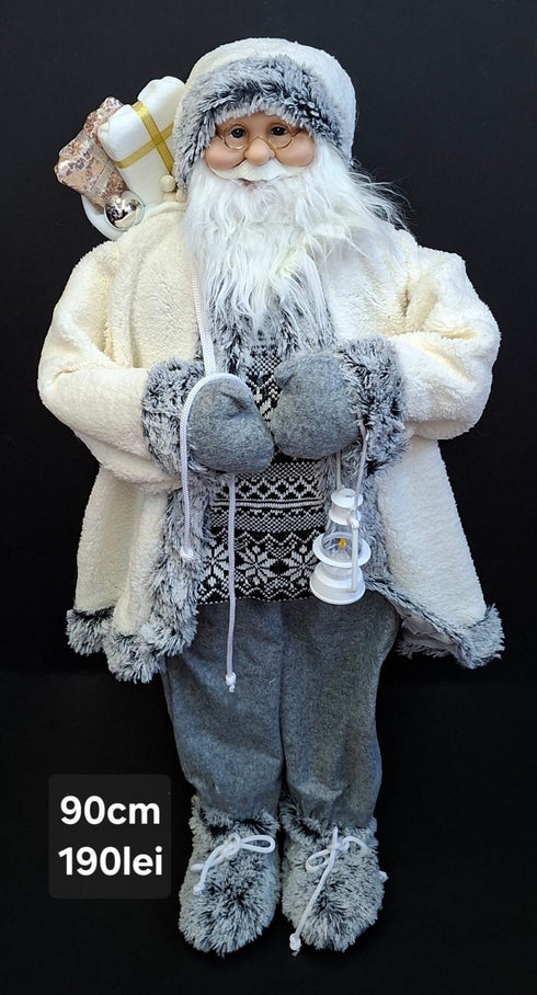 Moș Crăciun decorativ, costum alb-gri cu felinar și sac de cadouri - 90cm