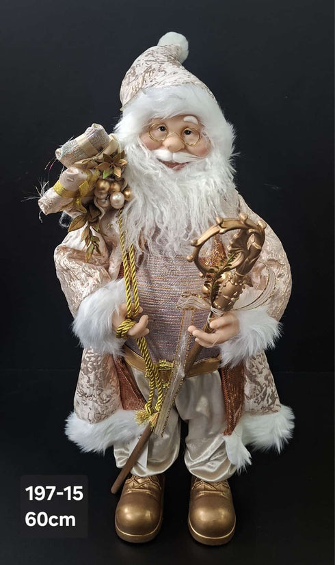 Figurină decorativă Moș Crăciun auriu cu toiag și sac de cadouri - 60cm