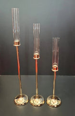 Set 3 Sfeșnice Aurii din Metal cu Tub din sticla – 57/67/77cm