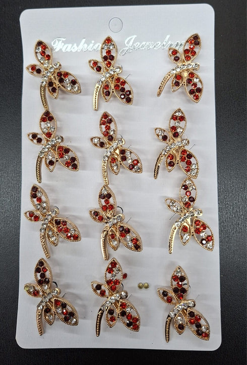 Broșe Aurii Fluture cu Strasuri Roșii - 12/SET