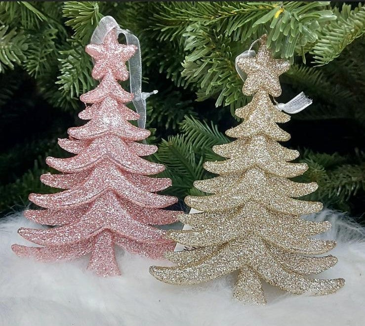 Set 12 ornamente de Crăciun în formă de brad cu stea, cu sclipici – Roz sau Șampanie - 10x14cm