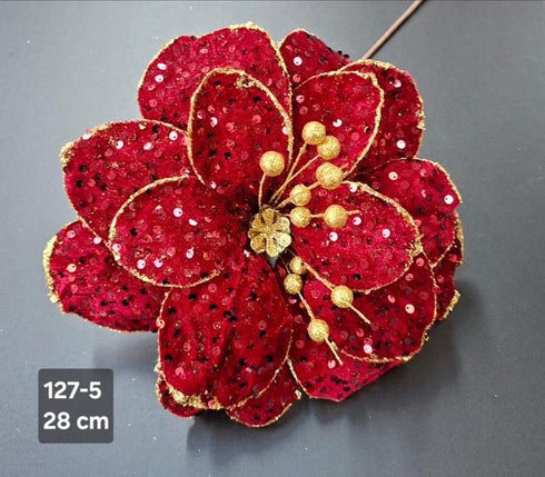Floare decorativă de Crăciun roșie cu paiete și accente aurii – Ø 28cm, tijă 40cm