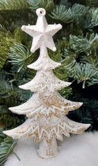 Brăduți decorativi albi cu sclipici auriu 14cm – set 10 bucăți