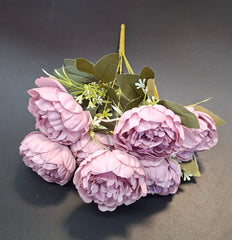 Buchet cu bujori artificiali roz prăfuit și frunze galben pal – 40cm