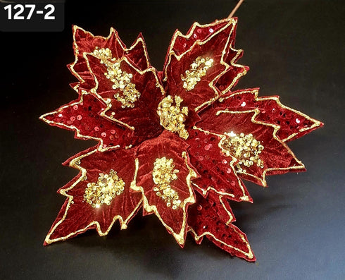 Floare de Crăciun decorativă roșu burgundy cu paiete și detalii aurii – floare 33cm, tijă 40cm