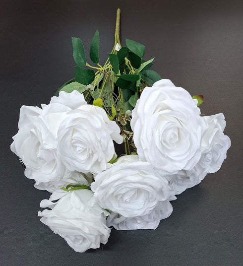 Buchet 9 trandafiri albi artificiali – 47cm, tije sârmă, material textil