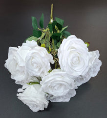 Buchet 9 trandafiri albi artificiali – 47cm, tije sârmă, material textil