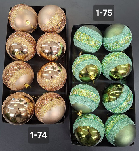 Set 8 Globuri Crăciun Decorative Auriu Champagne/Verde cu Sclipici - 10cm