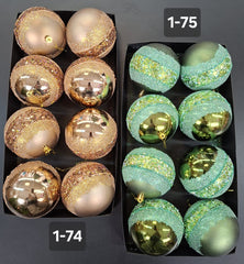 Set 8 Globuri Crăciun Decorative Auriu Champagne/Verde cu Sclipici - 10cm