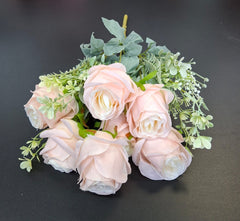 Buchet artificial 7 trandafiri roz, flori mari - decor elegant, 49cm