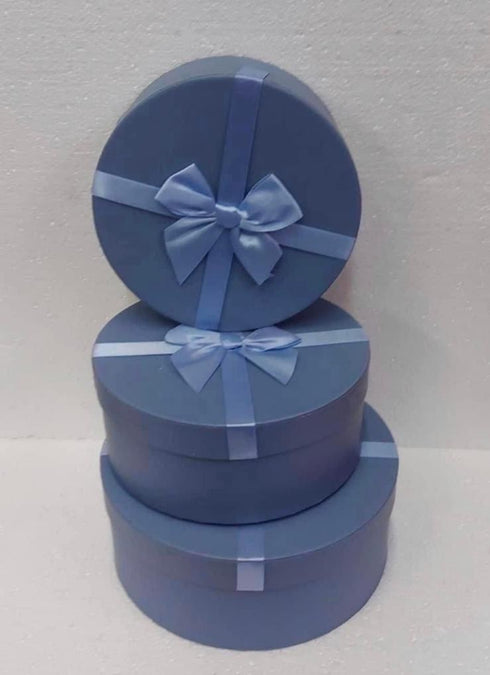 Cutii din carton rotunde 3/set albastre, cu capac și fundă – ideale pentru flori și cadouri elegante