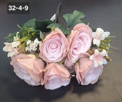 Buchet 7 trandafiri roz pudrat artificiali – 49cm, tije sârmă, material textil