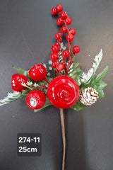 Crenguță artificială de Crăciun roșie cu fructe și con – 25cm 10/set