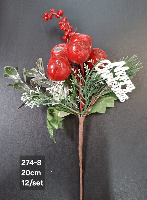 Crenguță artificială de Crăciun cu fructe și mesaj Merry Christmas – 20cm 12/set