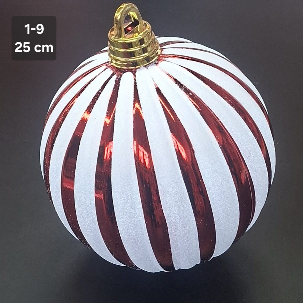 Glob de Crăciun Gigant Roșu cu Dungi Albe și Sclipici, Model Spiralat - 25cm