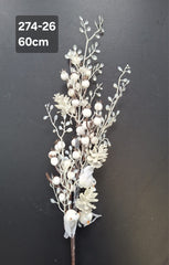 Crenguță artificială de Crăciun albă cu bobițe și păsărele – 60cm 10/set