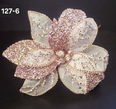 Floare decorativă de Crăciun roz pudrat cu paiete și cristale – Ø 35cm, tijă 50cm