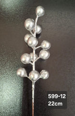 Bobite decorative Crăciun argintii lucioase pe tijă 22cm – set 100 buc