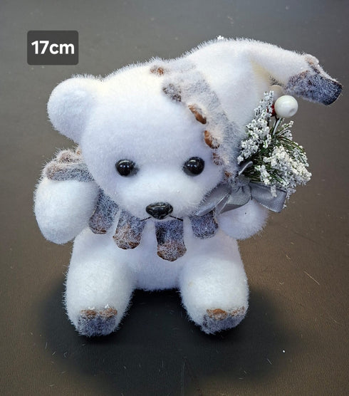 Decoratiune Urs polar alb cu căciulă, 17cm – set 5 bucăți