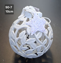 Glob decorativ alb cu frunze și stea sclipici - 10cm set 10 bucati