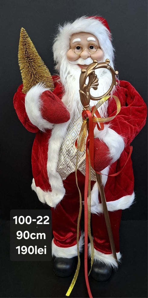 Moș Crăciun decorativ, costum roșu cu toiag auriu și brăduț - 90cm