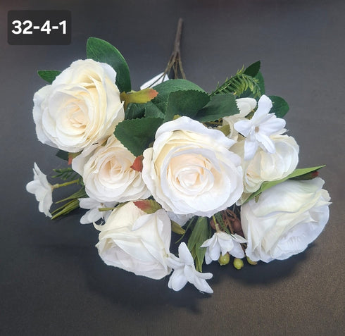 Buchet 7 trandafiri alb crem artificiali – 49cm, tije sârmă, material textil