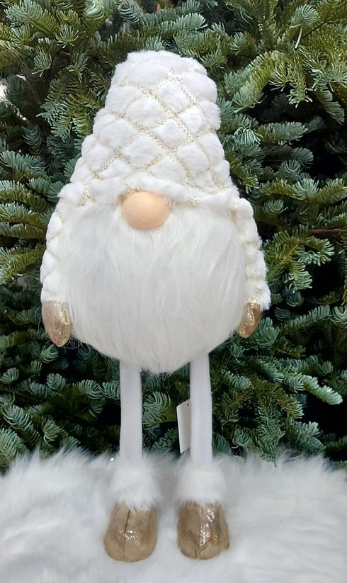 Gnom Decorativ Alb cu Căciulă Pufoasă în Carouri Aurii – 50cm