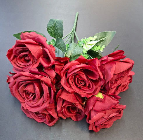 Buchet 10 trandafiri bordo artificiali – 45cm, tije sârmă, material textil