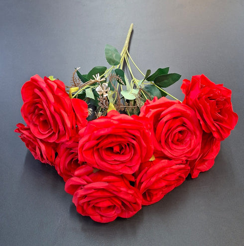 Buchet 9 trandafiri rosii artificiali – 47cm, tije sârmă, material textil