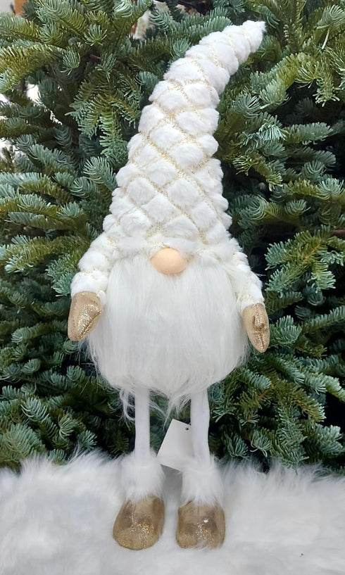Gnom Decorativ Alb cu Căciulă Pufoasă în Carouri Aurii – 35cm