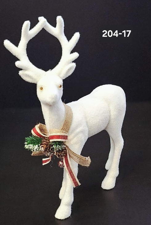 Figurină Ren de Crăciun Decorativ, Alb cu Fundă și Conuri - 19x33cm