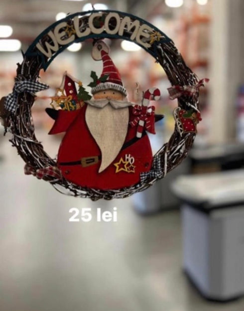 Coroniță decorativă din lemn – Welcome Moș Crăciun 22cm