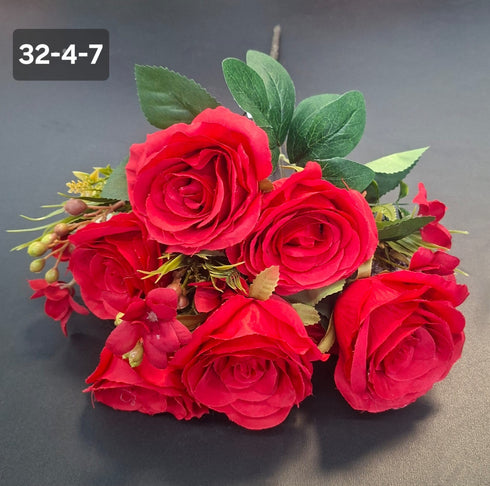 Buchet 7 trandafiri roșii artificiali – 49cm, tije sârmă, material textil