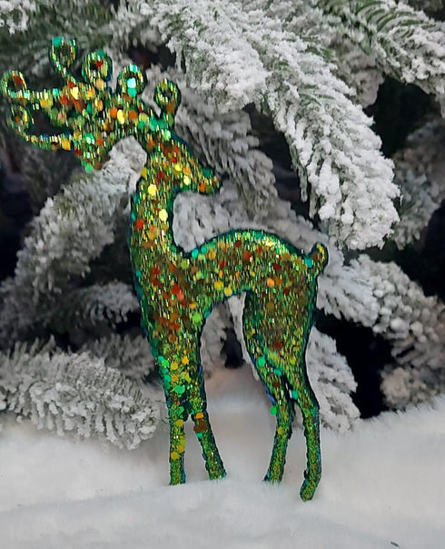 Reni decorativi stilizați verde cu sclipici – set 10 bucăți