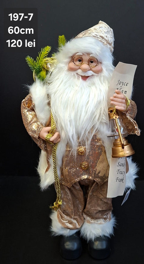 Moș Crăciun decorativ, costum auriu-crem cu listă și felinar - 60cm