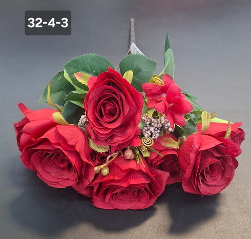 Buchet 7 trandafiri roșu închis artificiali – 49cm, tije sârmă, material textil
