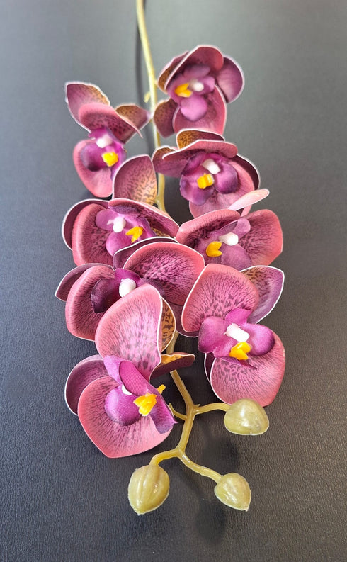 Orhidee artificială mini Phalaenopsis 80cm mov burgundy cu model elegant